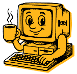 an anthropomorphic computer smiling and drinking a cup of coffee